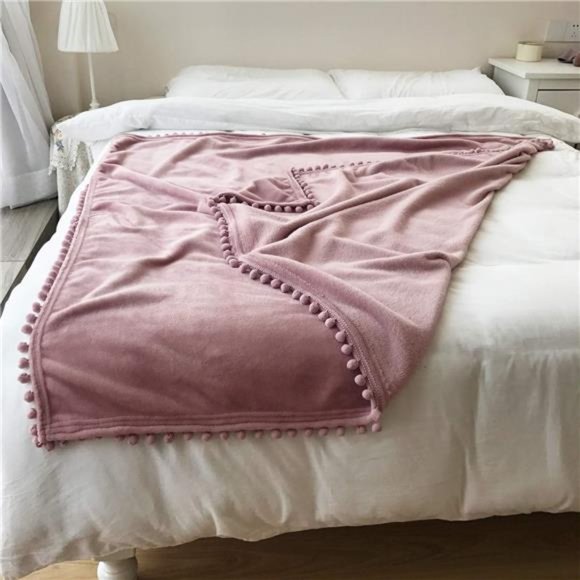 Flannel Blanket with Pompom Fringe Lightweight Cozy BedBlanket SoftThrow Blanket - Picture 6 of 6